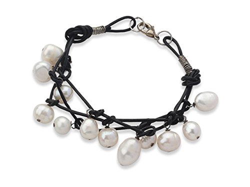 Preisvergleich Produktbild Süßwasserperle und schwarzes Lederarmband für Frauen und Mädchen