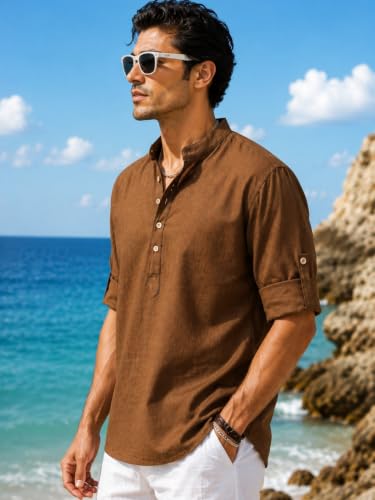 Image of Majestic Man Men's Pure Cotton Solid Mandarin Collar Slim Fit Roll-Up Sleeves Short Kurta Lightweight Summer Kurta for Daily & Occasion Use