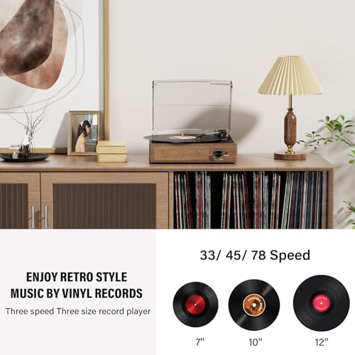 undefined Record Player for Vinyl with 2 Build-in Speakers LP Vinyl Players Belt-Driven Vintage Turntables 3 Speed 3 Size, Wireless Bluetooth Playback, AUX-in,RCA Out, Headphone, Auto Stop Wood の商品画像 3