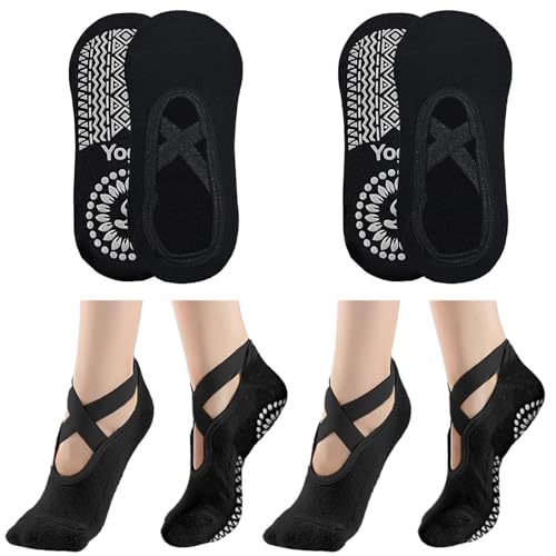 KEYRI 2 Pares Calcetines Pilates Yoga para Mujeres Niñas, Calcetines Antideslizantes Calcetine De Agarre medias de ballet con Asas y Correas, Low Top Calcetine Deportivos (Algodón, 2Negros)