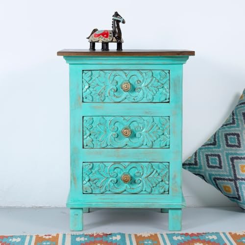 Image of Wooden Bedside Table for Bedroom | Solid Wood Orek Bedside Table with Drawers | Corner Side Table for Living Room | Traditional Handcrafted Furniture for Home Decor (Turquoise Distress)