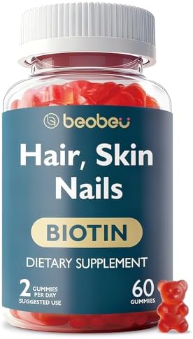 Hair Skin and Nails Gummies - Biotin Vitamins for Women & Men, Vegan Vitamin B7, Supports Hair Growth and Stronger Nails, Healthy Skin, 30 Day Supply - Raspberry-60 Count