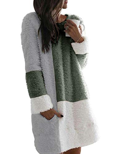 Nirovien Women Long Sherpa Pullover Color Block Fuzzy Fleece Tunic Sweatshirt Dress Oversized Fluffy Coat with Pocket(Army Green,M)