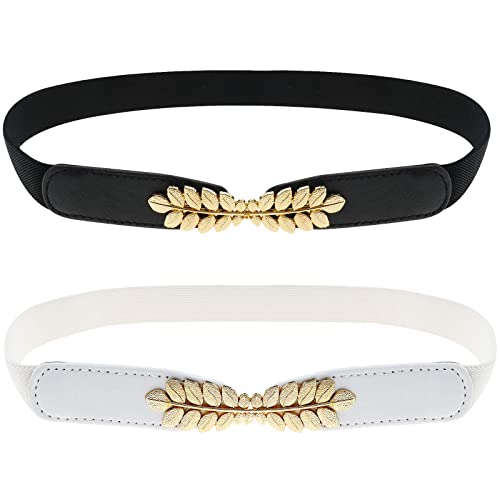 Be In Your Mind Lot de 2 ceintures élastiques réglables à motif de feuilles pour femme avec boucle de verrouillage pour tour de taille de 65 à 90 cm Noir et blanc, Multicolore