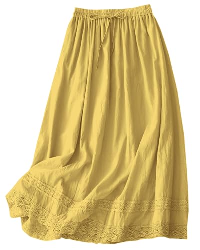 SANGTREE Women's Lace Cotton Linen Midi Skirt High Waisted A Line Flowy Swing Boho Long Skirts