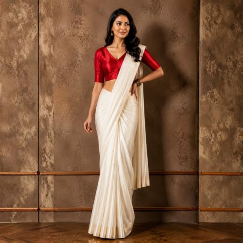 Image of Studio Shringaar Women Readymade Raw Silk V Neck Saree Half Sleeve Blouse