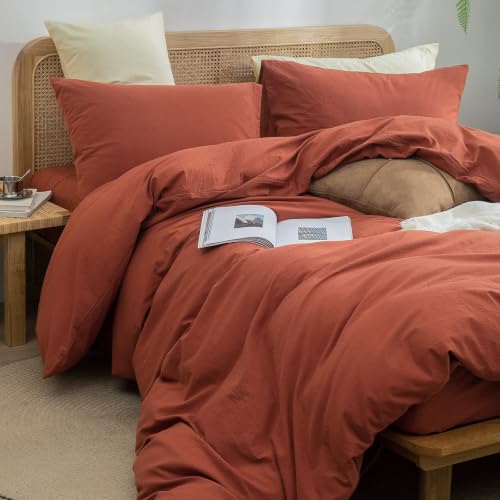 Image of BESTOUCH Cotton Solid Duvet Cover Set Linen Feel Crimson Red Alaska King | 100% Washed Cotton, Soft Wrinkle Texture, Hidden Zipper, 8 Ties, Breathable Lightweight Durable Comfy, 3 Pcs No Insert