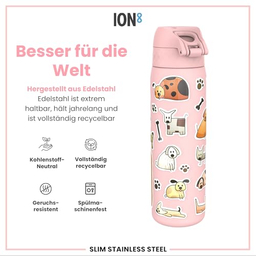 ion8 Leicht Stahl-Trinkflasche 600 ml Nicht IsoliertAuslaufsicher Einhandöffnung Sichere Verriegelung Spülmaschinenfest Klappdeckel Tragegriff Leicht zu Reinigen, Hunde