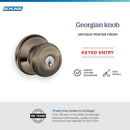 Image of SCHLAGE F51A GEO 620 Georgian Knob Keyed Entry Lock, Antique Pewter