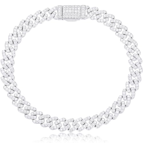 1.72-2.52 Carats Moissanite Bracelet for Men, 6MM Moissanite Cuban Bracelet 18K White Gold Plated 925 Sterling Silver Simulated Diamond Cuban Link Bracelet D Color VVS1 Round Cut Bling Iced Out Miami Link Bracelet w/ Box Clasp 6-9 Inch