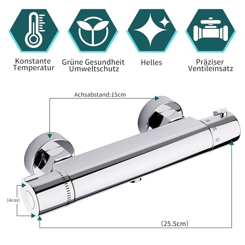 MORADO Duscharmatur Mit Thermostat, Mischbatterie Dusche Thermostat, Armatur Dusche, Brausestange mit Verbrühungsschutzventil, Chrom, Messing
