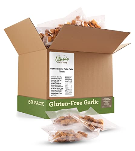 Image of Olivia's Croutons Gluten Free Garlic Croutons, 0.75 oz, 50 Count | Ancient grain bread, dairy free, vegetarian, individual packs, salad and soup topping, non gmo