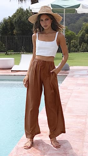 Scusty Women's Summer Cotton Linen Wide Leg Pants Drawstring High Waist Palazzo Flowy Beach Trousers With Pockets(Rust-Xs) #TOP4