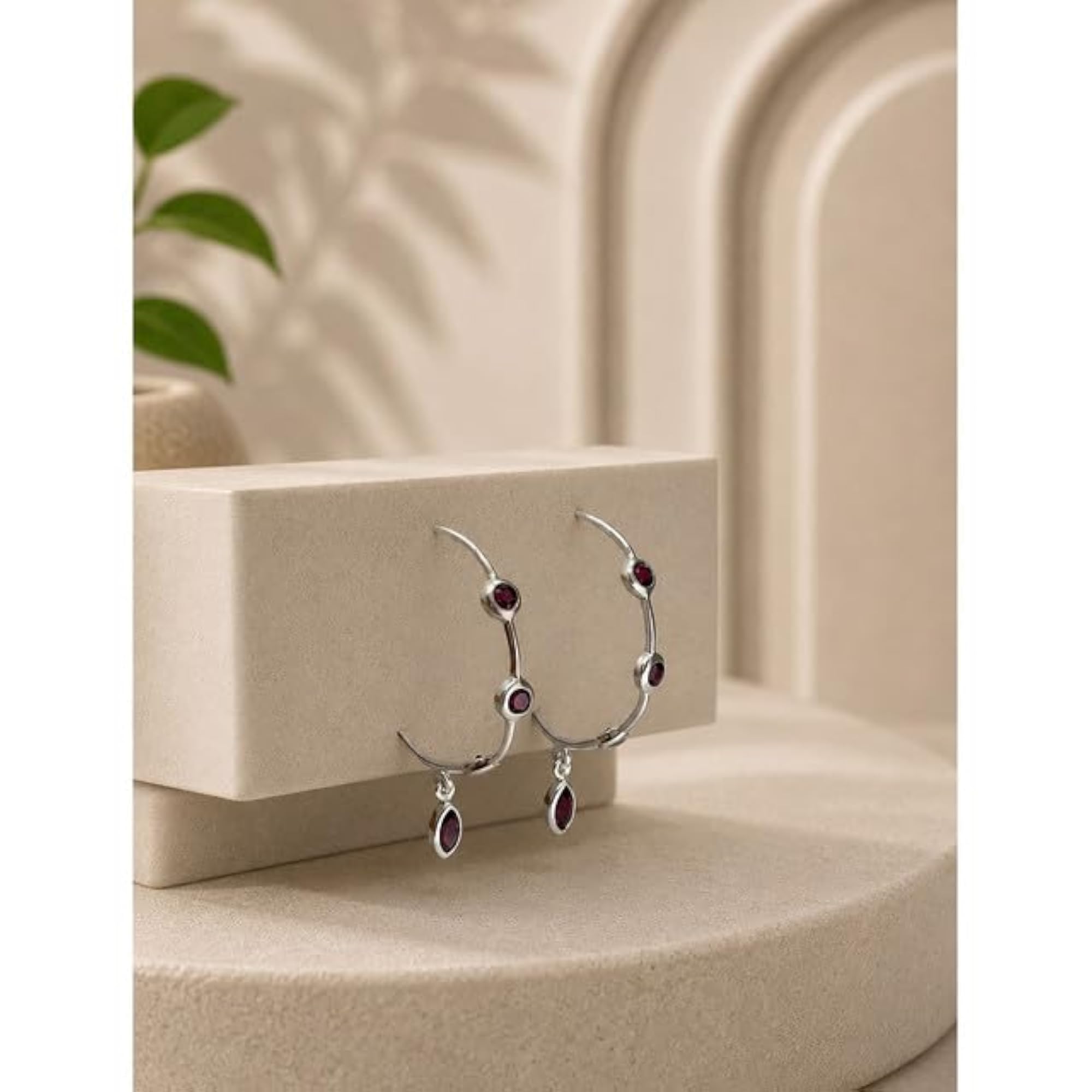 Women's 925 Sterling Silver Garnet Gemstone Curved Drop Earrings