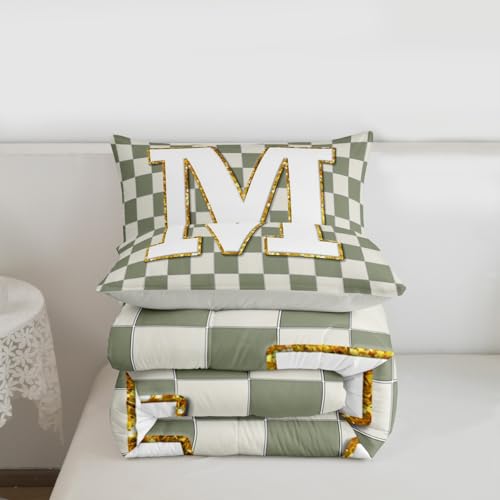 Image of Erosebridal Sage Green Checkered Kids Comforter Sets Plaid Initial M King Bedding Set for Adults Personalized Monogram Comforter Set,Fashion Grids Gingham Quilt Duvet 3 Pcs
