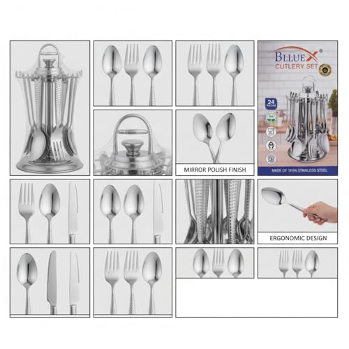 Image of Premium Stainless Steel Cutlery Set for Dining Table, 24 Pieces with Stand | Spoon & Fork Set Includes Dinner Spoons, Dinner Forks, Tea Spoons & Soup Spoons | Mirror Finish Flatware Set