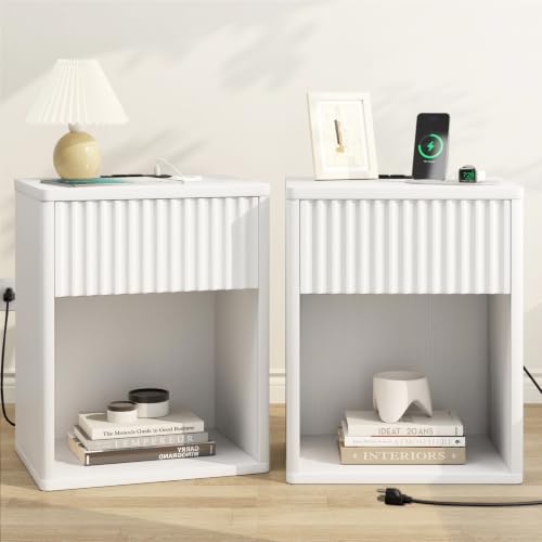 Image of White Nightstands Set of 2 w /Charging Station, Wooden End Table Bed Side Table with Curved Drawer, Mid Century Modern Fluted Night Stand with Rounded Edge for Bedroom, Living Room