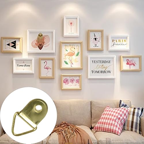 Image of 100Pcs Small Triangle D-Ring Picture Hangers with Screws, Picture Hang Solutions, Gold Metal Frame Hooks Hardware for Hanging Clocks, Paintings, Artwork, Photos, Mirror