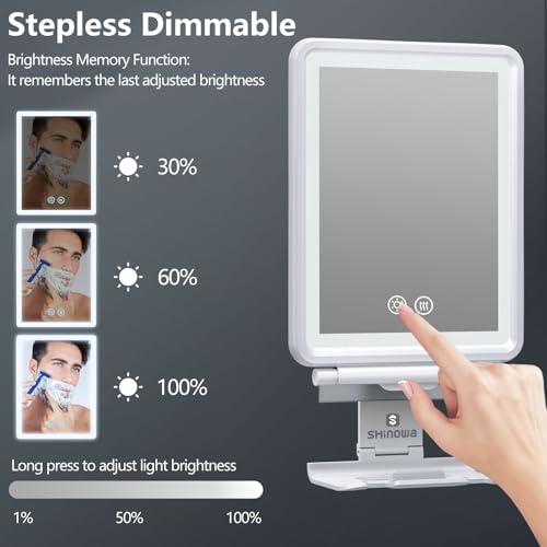 Image of Heated Shower Mirror Fogless for Shaving, Anti-Fog Mirror for Shower | 3 Colors Stepless Dimmable Lights, 5000mAh Rechargeable Battery with Razor Holder, No-Drilling, Light Memory Function