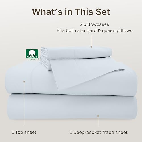 Image of California Design Den 100% Cotton 500TC Full Sheets Set Silver Mist Blue | Good Housekeeping Seal, OEKO-TEX Certified, Silky-Soft Sateen Weave, 4pc Set, 16 inch Deep Pockets, For Hot Sleepers, All-Season