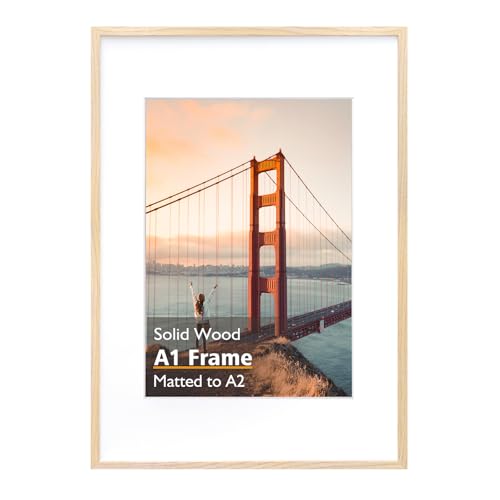 KINLINK A1 Picture Frame Natural Solid Wood Frame with Acrylic Plexiglass for Pictures A2 with Mat or A1 without Mat Wall Mounting Display Photo Frame 1 Pack