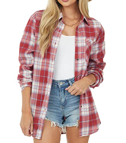 NUOREEL Women's Plaid Flannel Long Sleeve Button-Down Shirt
