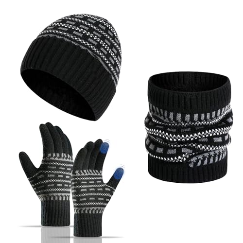 GEEKEO Gorro Invierno Hombre con Guantes y Bufanda, Set de Bufanda, Gorro y Guantes con Pantalla Táctil Beanie de Lana Gorro de Punto Braga Cuello con Forro Polar Regalos Conjunto para Hombre Mujer