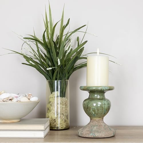 Image of Creative Co-Op 2-Tone Sculptural Terracotta Pillar Candle Holder, Distressed Green