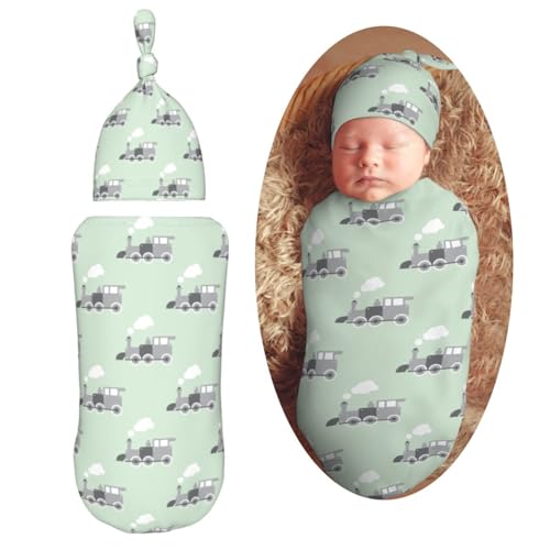 Image of Muishi Grey Train Newborn Swaddle Blankets Hat Sets Soft Baby Receiving Blanket Swaddle Sack for Baby Shower Infant Boy Girl Gift