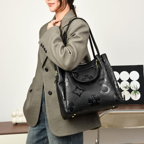 Image of Travistar Floral Handbags Purses Women - Embossed Vegan Leather Top Handle Handbag Set Large Shoulder Bag Ladies Bucket Tote