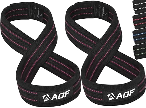 AQF Figure 8 Lifting Straps Anti Slip Gym Wrist Supports for gym Powerlifting Weightlifting Deadlifting Heavy Duty Gym Straps Ideal Lifting Straps for Strength Training (Black & Pink M)