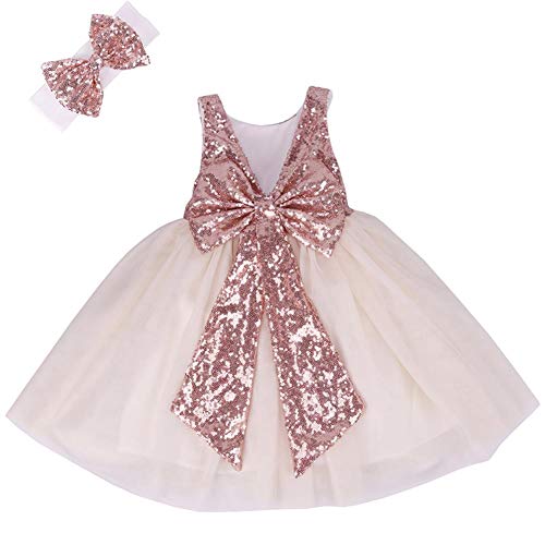 Baby Girl Princess Tutu Dress Shiny Sequin Backless Bow Tulle Short Gown Pageant Party Gala Stage Performance Wedding Birthday Rose Golden & Beige 12-18 Months