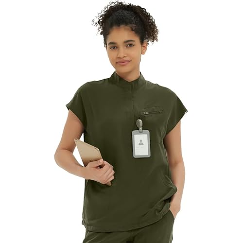 Medical Scrub Tops for Women - Soft Stretch Mandarin Collar Oversized Fit Scrub Shirts with 3 Pockets