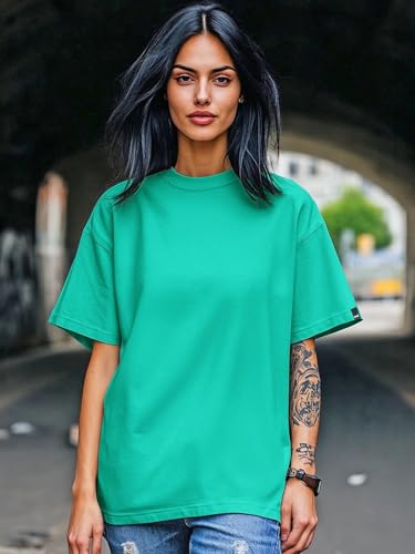 Image of Bewakoof Women's Solid Oversized Fit Half Sleeve Round Neck Cotton Jersey T-Shirt