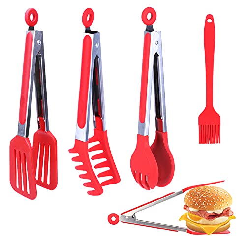 Leasen Silicone Kitchen Tongs Kit, Premium Silicone Set of 3 Food Tongs (9 Inch) & 1 Oil Brush (7 Inch), Food Tongs with Non-slip Grip & Locking Mechanism, Kitchen Tongs for Cooking Leasen Silicone Kitchen Tongs Kit, Premium Silicone Set of 3 Food Tongs (9 Inch) & 1 Oil Brush (7 Inch), Food Tongs with Non-slip Grip & Locking Mechanism, Kitchen Tongs for Cooking