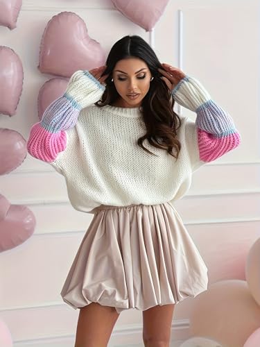 Women's Knitted Sweater, Color Blocked Bubble Sleeves, Crew Neck, Chunky Knit3