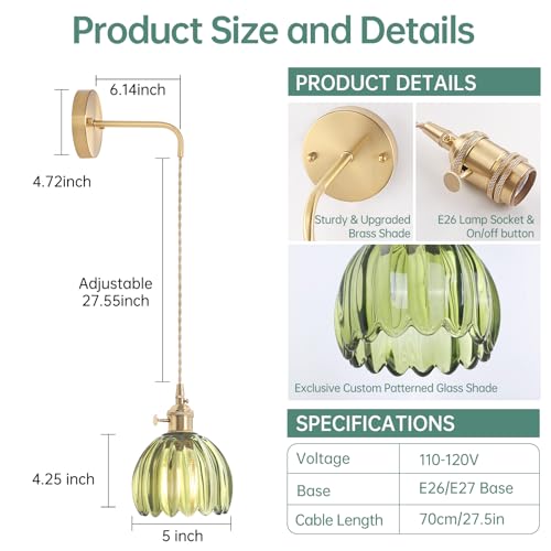 Image of Shenmoyl Vintage Wall Sconce Wall Lamp Green Tulip Shade Pattern Glass Adjustable Chain Retro Gold Wall Mounted Light, Wall Lamp Fixtures Decor for Bedside Bedroom Indoor Doorway