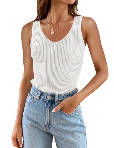 ZESICA Womens Ribbed Tank Tops Summer Sleeveless V Neck Shirts Casual Sexy Slim Fitted Basic Knit Tees
