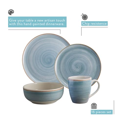 Corona 16-piece Rustic and Modern Hand-Painted Details Ceramic Dinnerware Sets, Plates, Bowls and Mugs, Service For 4, Blue Caoba