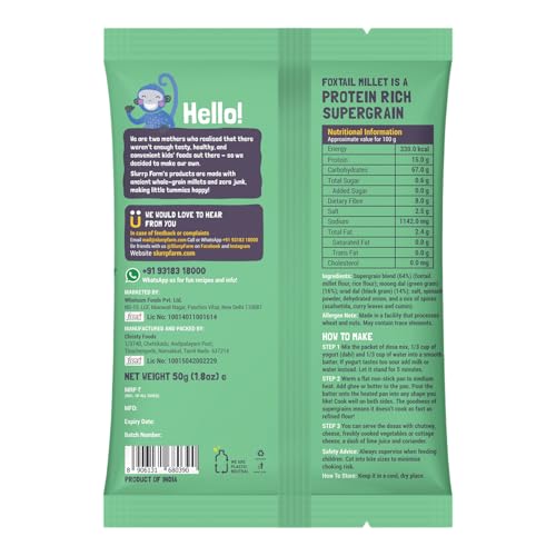 Slurrp Farm Healthy Breakfast and Snacks Trial Pack Combo, Millet Pancake and Dosa Mix, 300g (Pack of 6, 50g each) Slurrp Farm Healthy Breakfast and Snacks Trial Pack Combo, Millet Pancake and Dosa Mix, 300g (Pack of 6, 50g each)