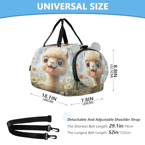 Alpaca Daisies White Kids Travel Duffel Bag for Boys Girls Overnight Weekend Tote Bag with Shoes Compartment for Gym Sports Dance3