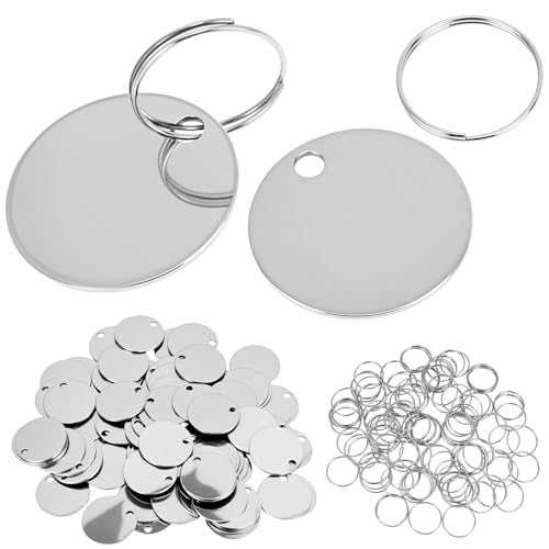 QWORK 100pcs Metal Stamping Blanks Stainless Steel Blank Tags with Key Rings 1.18 Round Engraving Discs Polished Metal Dog Tags with Hole