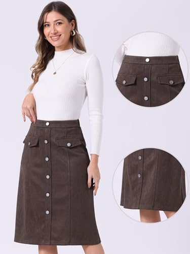 Allegra K Faux Suede Skirt for Women's Button Front High Waist 2025 Fall Knee Length A-Line Skirts2