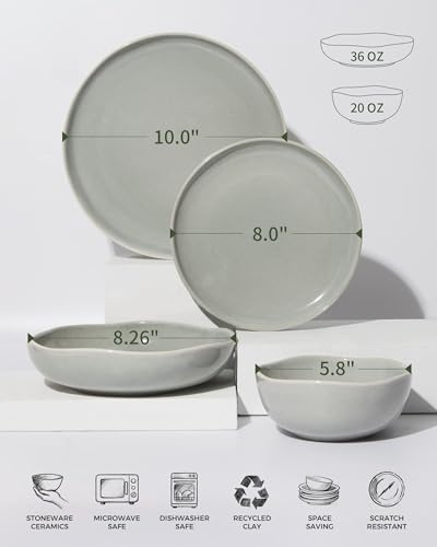 Image of Plates and Bowls Sets, 16 Pieces Dinnerware Set for 4 with Pasta Bowls, Handmade Dishes Set, Chip Resistant Dishware Sets, Microwave Safe Dinner Set, Designed for Interactive Meals, Gray Green