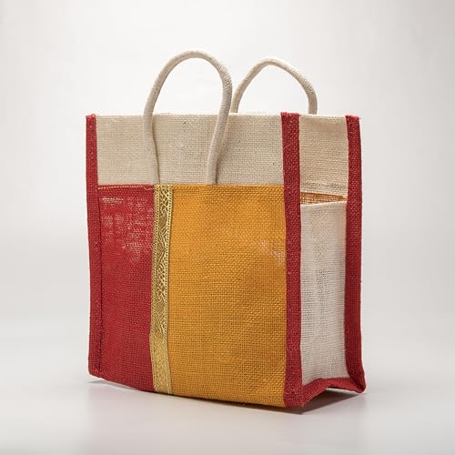 Soman Jute Thamboolam Bags for return gifts Golden Yellow and Red combo - Set of 10