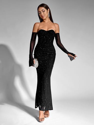 Parthea Women’s Sexy Sequin Sparkly Glitter Dresses Off Shoulder Long Sleeve Cocktail Evening Party Elegant Maxi Dress3