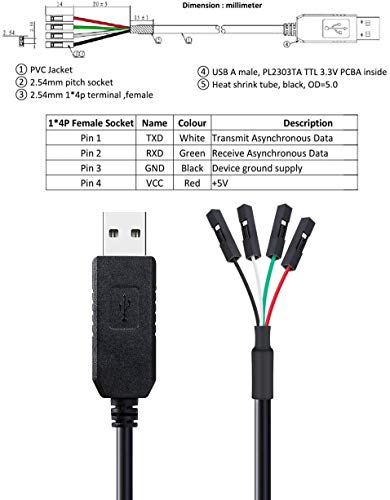 Image of DTech FTDI USB to TTL Serial Converter Adapter Cable 3.3V TX RX Signal 4 Pin 0.1 inches Pitch Female Socket PL2303 Prolific Chip Windows for Charging Adapter 10 8 7 XP Vista (10ft, Black)