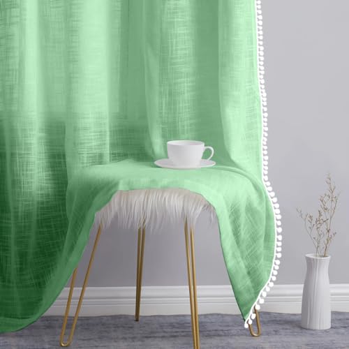 Image of THE LINEN COMPANY Cotton Sheer Grommet Curtains with Side Border Pompom Sheer Curtain for Long Door Linen Textured, Light Filtering, Pack of 2 (Ocean Green, 9 Feet)