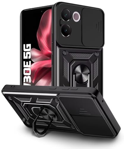 Image of WOW IMAGINE Tough Armor Bumper Mobile Back Case for Vivo V30e 5G | Sliding Camera Shield Cover | Shock Proof 360 Protection | Hybrid PC + TPU | Ring Holder with Kickstand - Black