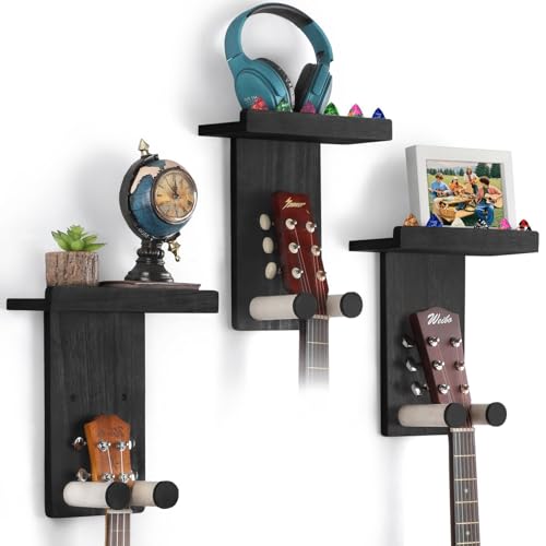 VINCOURNA Soporte Guitarra Pared, Colgador Guitarra Pare Juego de 3, Soporte Pared Guitarra para Guitarra Acústica, Guitarra Española, Bajo Eléctrico, Guitarra Eléctrica, Ukelele - Negro